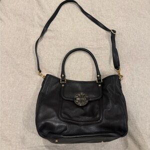 Tory Burch Amanda Black Leather Shoulder Bag with Gold Accents